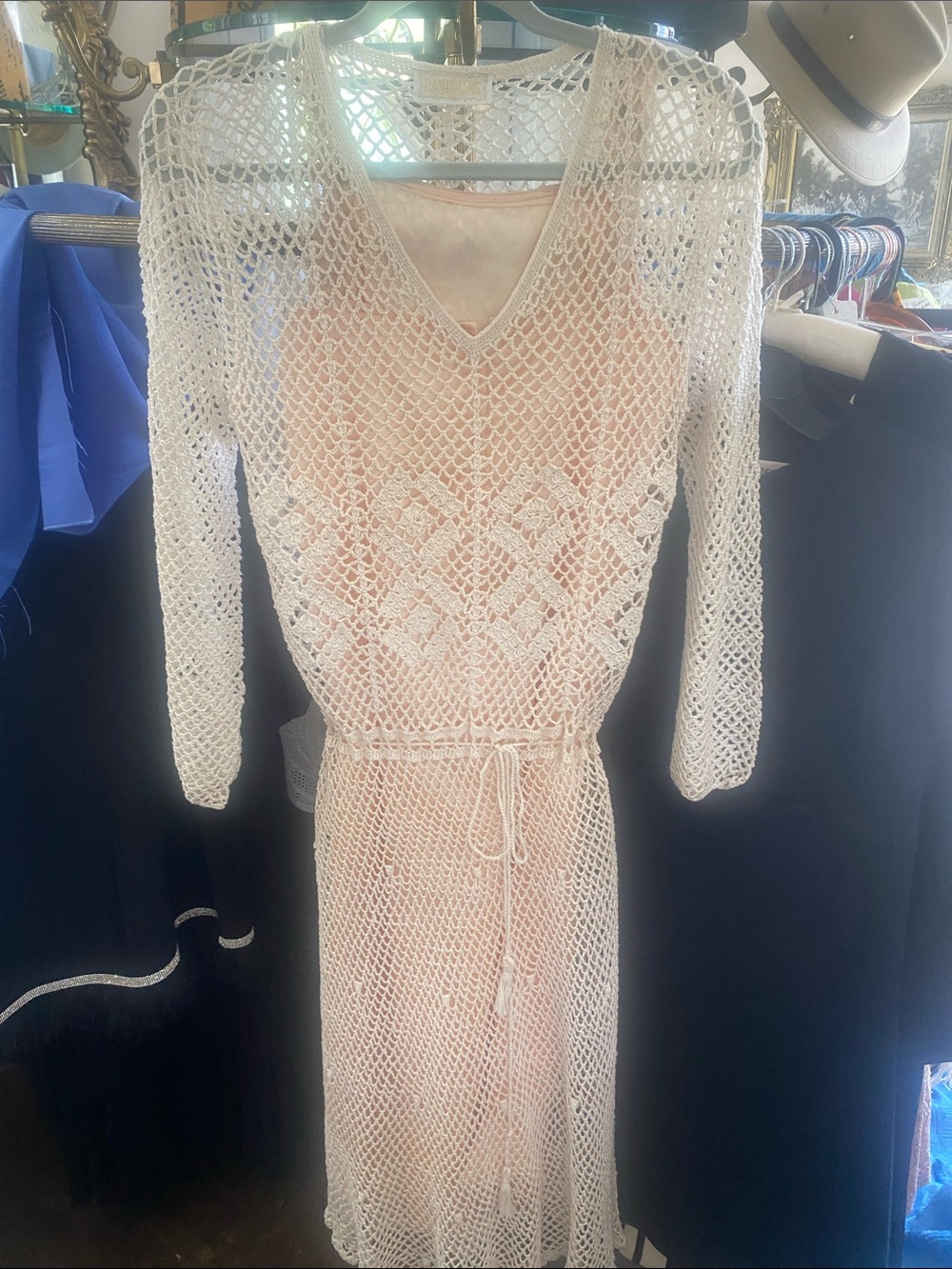 Vintage Cream Crochet Midi Dress with Pale Pink Lining